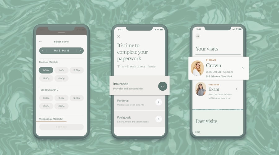 Image of 3 smart phone screens showing different pages of the Tend app.