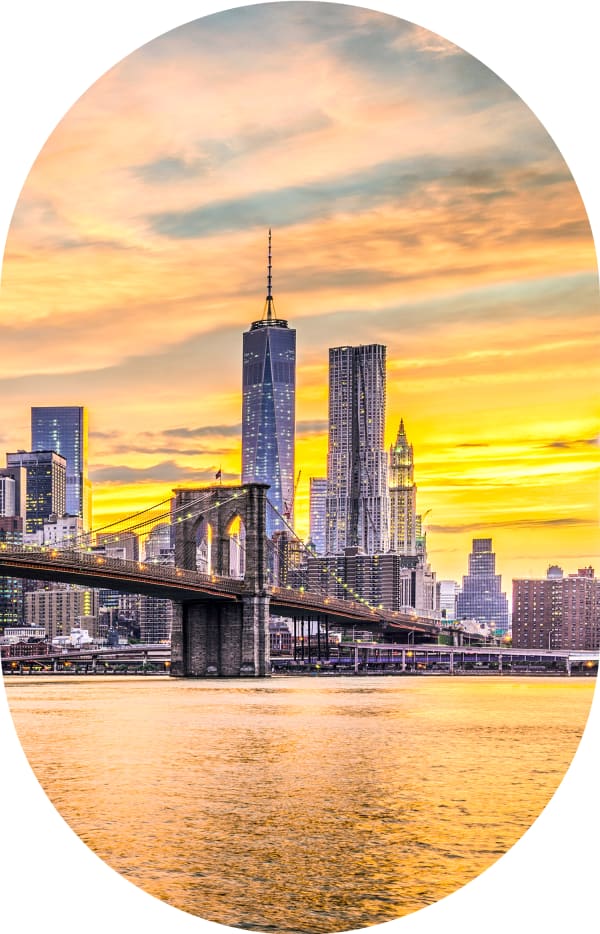 View across the water at a tall bridge and highrises behind it in the distance.