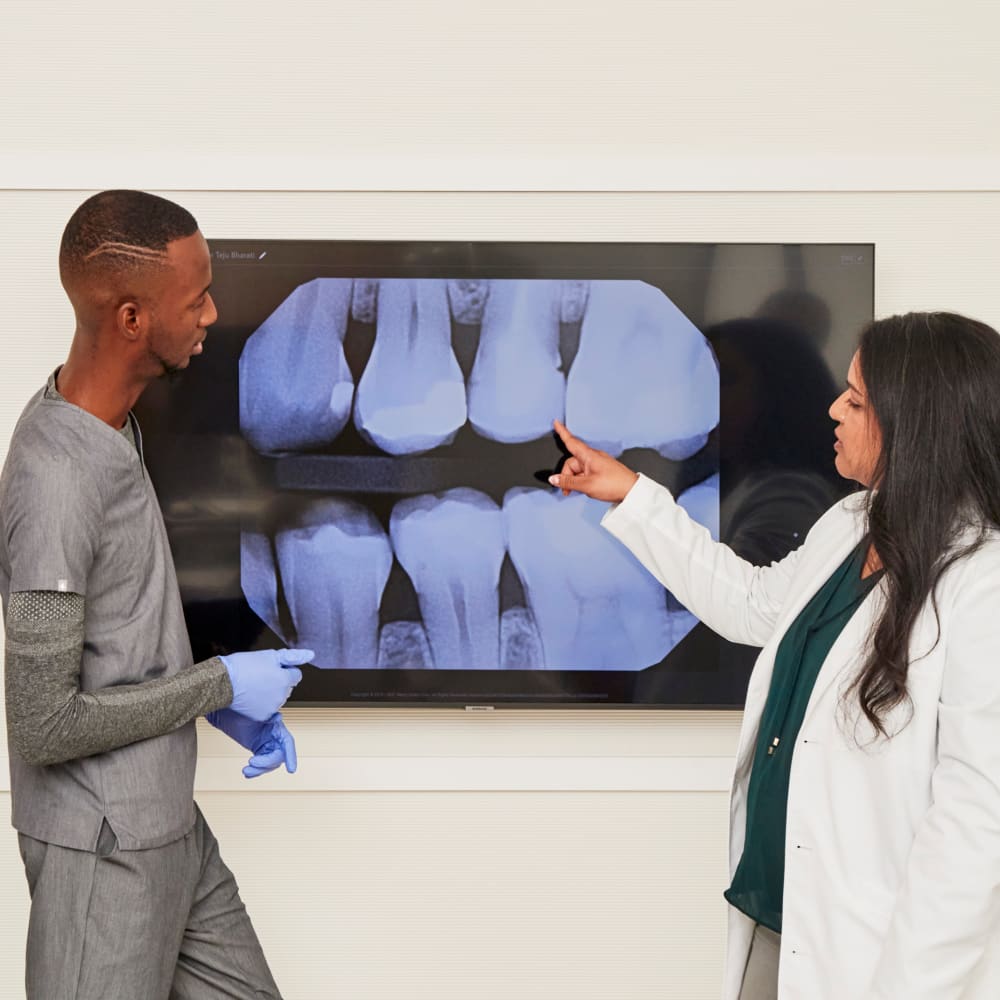 A dentist and a dental professional are looking at a dental X-ray on a large screen.